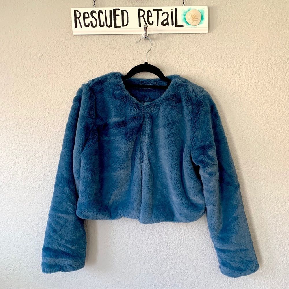 NEW Fuzzy Cropped Fleece Blazer Blue - Picture 2 of 10